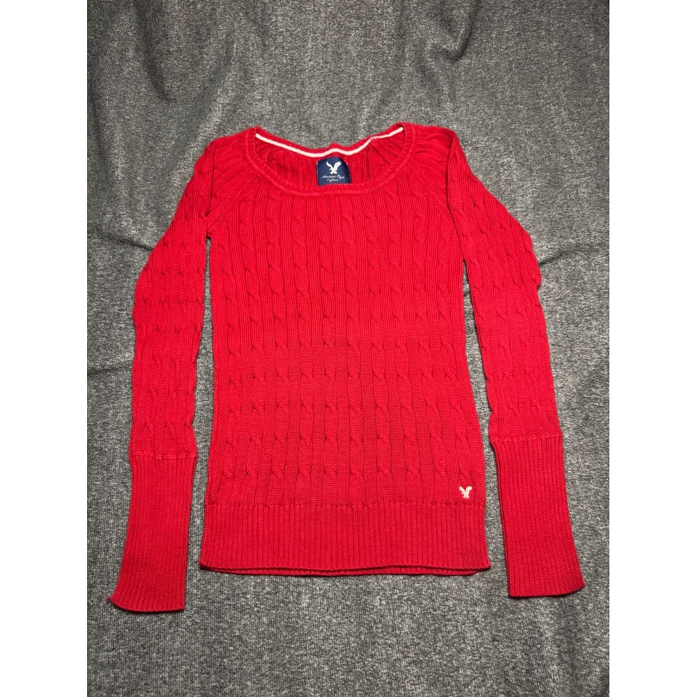 American Eagle Women M Red Cable Knit Cotton Sweater Scoop Neck Preppy Y2K 6876